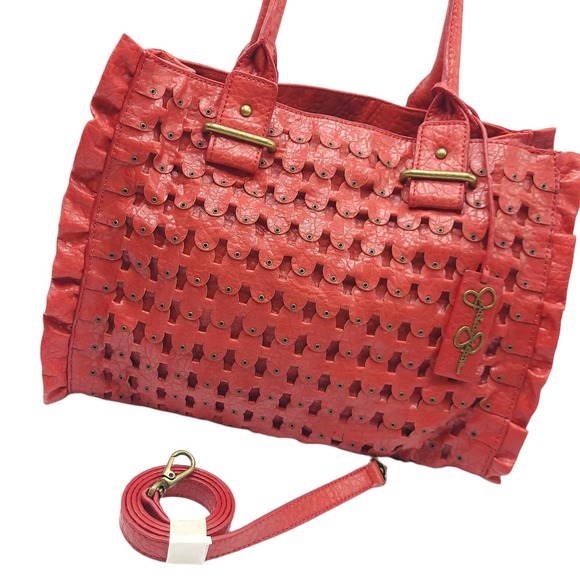 New Jessica Simpson Ruffle Purse Vegan Leather Handbag Red w/ Crossbody Strap - Picture 3 of 11